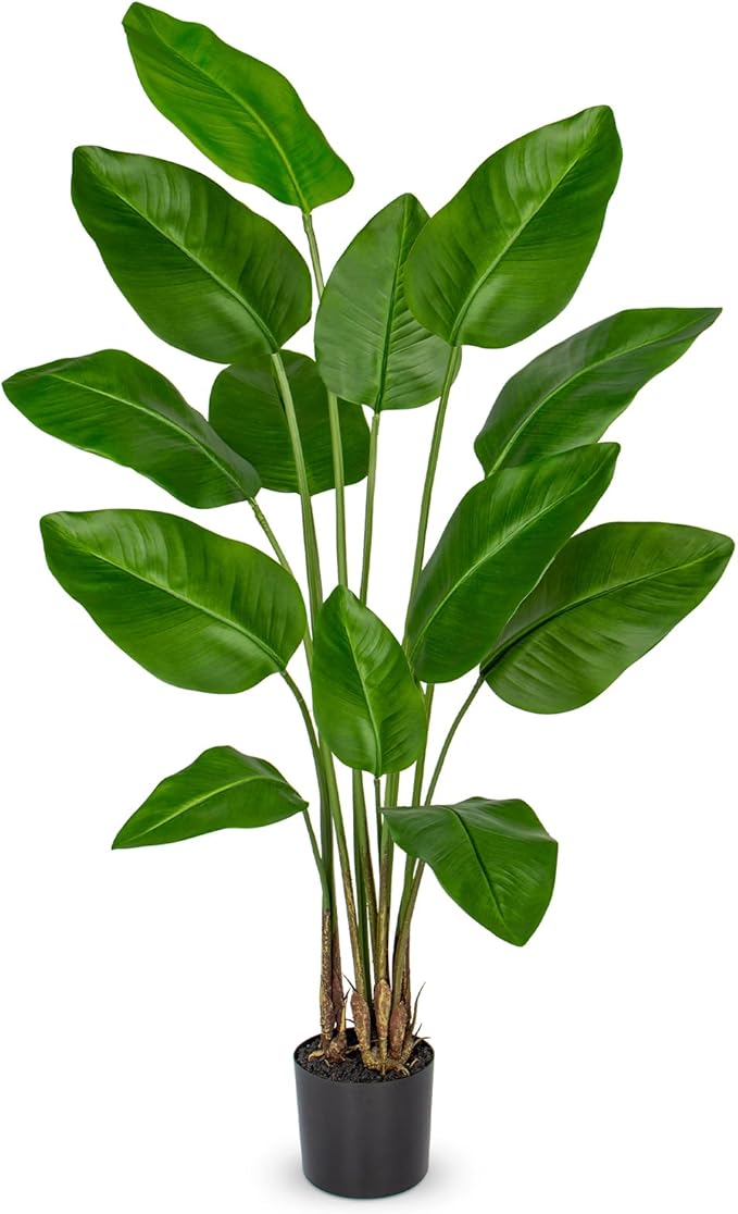 Hollyone Large Bird of Paradise Artificial Plant in Pot 5FT Tall Fake Bird of Paradise Plant Faux Tropical Palm Tree Faux Plantain Banana Leaf for Indoor Outdoor Home Office Garden Decor, 13 Leaves