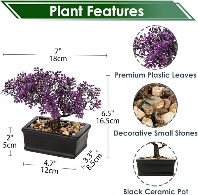 Artificial Bonsai Tree Juniper Faux Plants Indoor Fake Plants Decor with Black Ceramic Pots for Home Table Office Desk Bathroom Shelf Bedroom Living Room Farmhouse Decorations-Purple