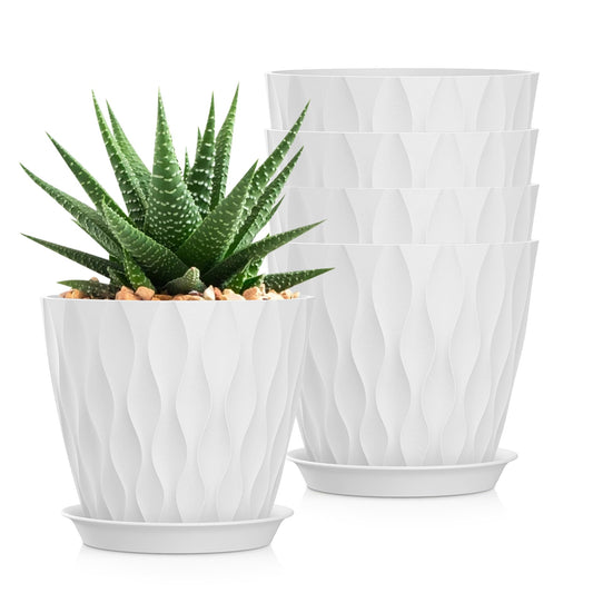SQKH 7 Inch Plant Pots 5 Pack, Flower Planters with Drainage Holes and Trays,Plastic Pots for Indoor Outdoor Plants,White