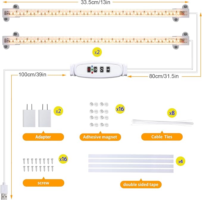 Two Strip Growing Lamp for Indoor Plants, 3500K Full Spectrum LED Grow Light Strips with Auto ON/Off 3/9/12H Timer & 10 Dimmable Levels for Green House Succulent (2 Headx2 Pack)