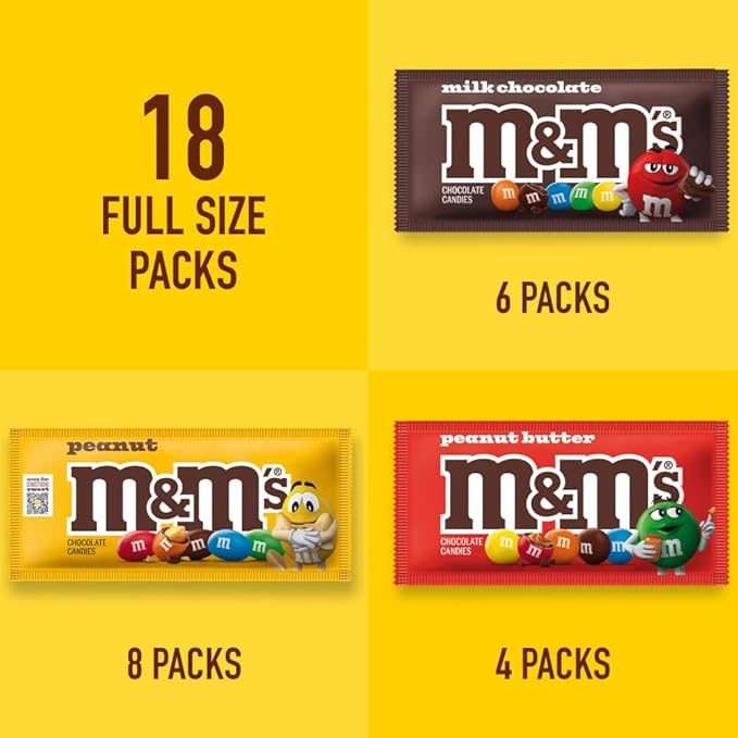 M&M'S Milk Chocolate Candy, Variety Pack, Full Size, Pack of 18 Bulk Candy Chocolate