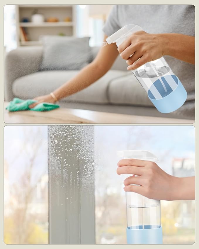 4 Pack Glass Spray Bottles 8 oz, Empty Refillable Containers with Silicone Sleeve Protection, Glass Spray Bottles for Cleaning Solutions, Hair and Plants with Adjustable Nozzles Blue&Grey