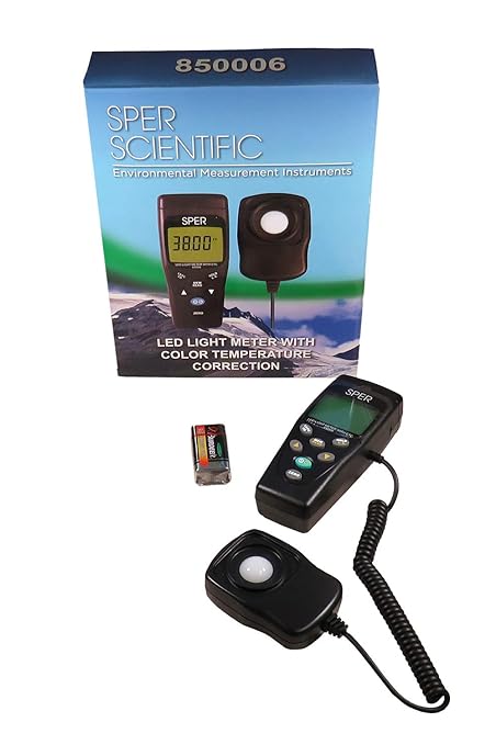 Sper Scientific LED Light Meter with Color Temperature Compensation 850006 - Accurate Lux & Foot Candle Readings for LED & Incandescent Lighting w/Adjustable Modes for Professional Lighting Analysis