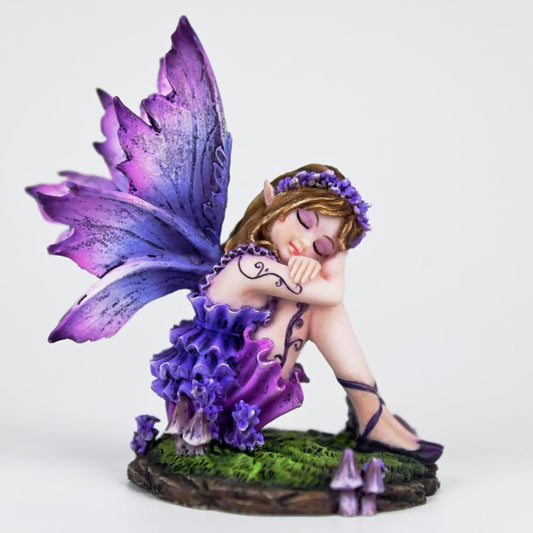 Fipcnbs Fantasy Purple Sleeping Fairy Figurine, 3.15 Inch Blue-Purple Gradient Elf Statue, Hand-Painted Resin Decor with Flower Crown & Mini Mushroom Base for Desk, Fairy Garden, Bedroom