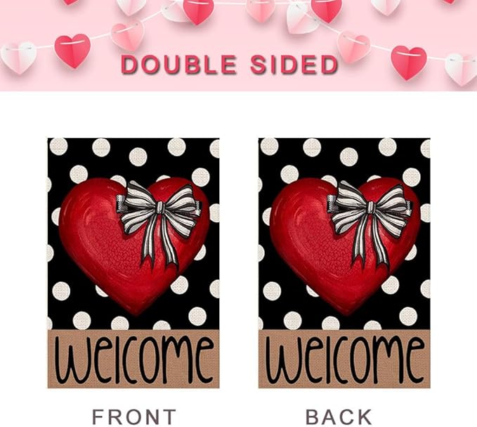 Valentines Day Welcome Garden Flag 12x18 Inch Double Sided Outside Polka Dot Red Heart with Bow Love Outdoor Seasonal Yard Holiday Decorations