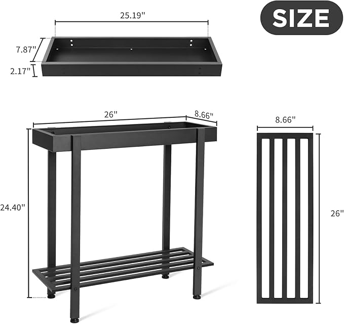 Honla 2 Tier Window Tall Plant Stand Shelf with Tray,Metal Plant Table Bench for Indoor and Outdoor Multiple Plants,26" L x 8.66" W x 24.40" H,Black