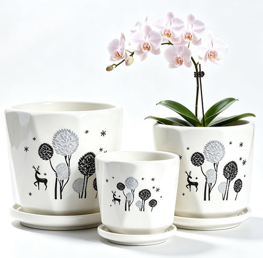 FOLKLORE13 Woodland Deer Floral Ceramic Plant Pots Set of 3, Modern Nordic Planters with Drainage Hole and Saucer, Decorative Flower Pot for Indoor Houseplants, Christmas & New Year Home Decor