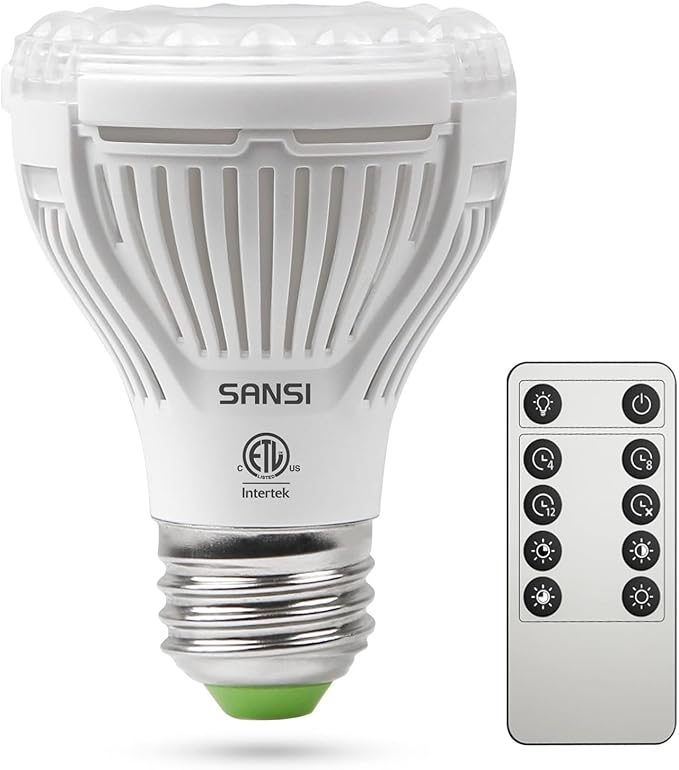 SANSI Dimmable Grow Light Bulb, Full Spectrum with Remote Control, Auto On Off Timing 4 8 12 Hrs, 10W PAR20 (150 Watt Equiv) Grow Lamp with Optical Lens for High PPFD, Energy Saving for Indoor Plants