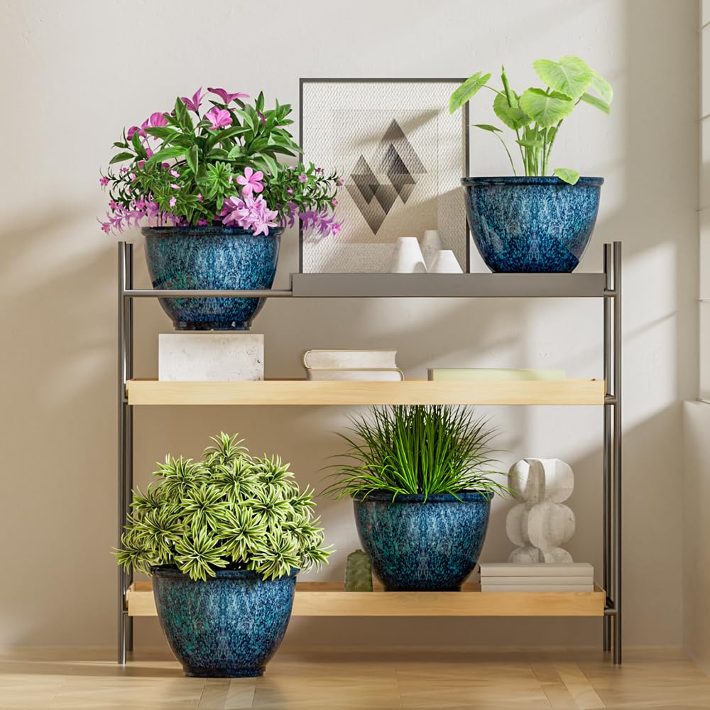 8 Inch Plant Pots Indoor Outdoor, Glazed Plastic Planter with Drainage