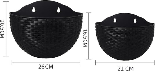 2pcs Semi Circle Hanging Wall Planter, Wall Mounted Half Round Flower Pot for Outdoor Indoor Decoration, Imitation Rattan Plastic Baskets Container with Hooks, Drainage, for Home Office Balcony Fence