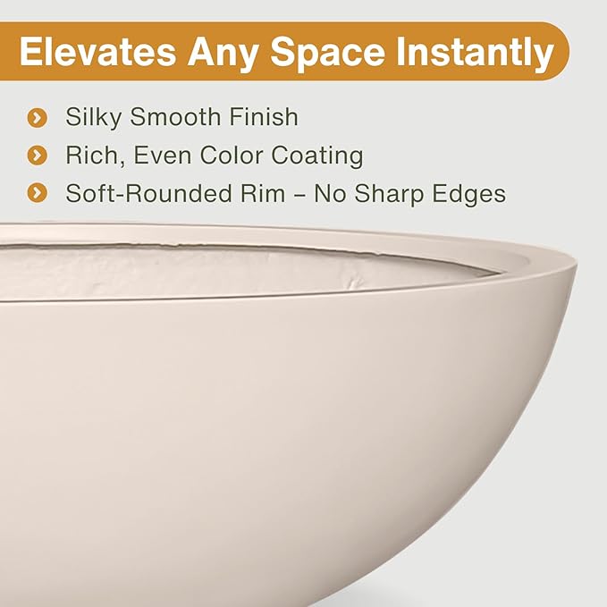 KUTE NEST 7.7" H x 22" D Round Bowl Fiberstone Planter for Succulent and Lotus with Drainage Hole, Smooth Finishes, Weather Resistant, Included 2 Extra Coco Mats (Kilim Beige, 19.9" Pot Opening)
