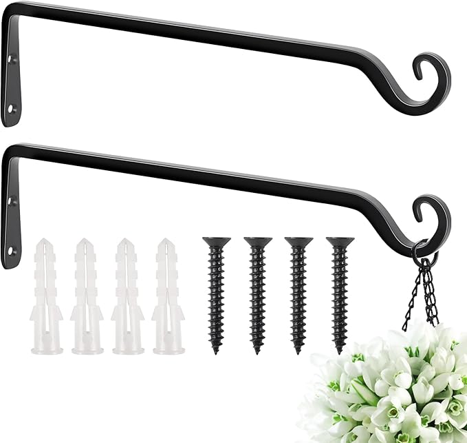 FEED GARDEN 15 Inch 2 Pack Hand-Forged Hanging Plant Bracket Heavy Duty Metal Plant Hangers for Outdoor Hanging Bird Feeders Lanterns Wind Chimes Black