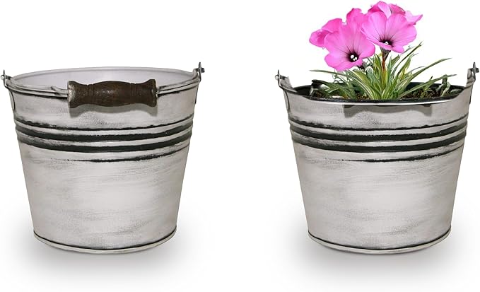 Headwind Vintage Collection - 6 Inch Rustic White Banded Planter with Handles – Galvanized Bucket Planter - Decorative Small Planters for Indoor Plants & Outdoor Use by Robert Allen