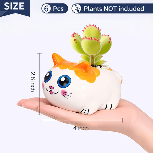 Cat Succulent Pots Set of 6 - Small Ceramic Animal Planters with Drainage
