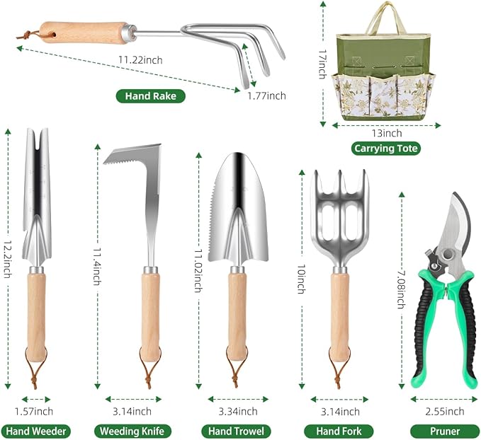 9-Piece Premium Gardening Tool Set for Women - Heavy Duty Stainless Steel Rust-Proof Tools with Fashion Storage Tote | Perfect Gardening Gifts for Mom, Mother's Day, Birthday & Outdoor (Green)