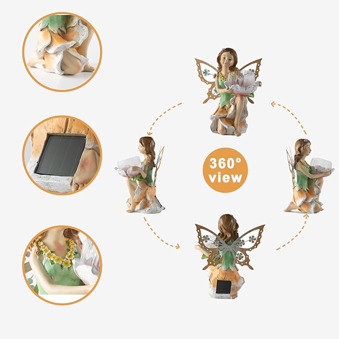 Fairy Decor Solar Outdoor Statues, Fairy Garden Accessories for Outside Garden Gifts,Resin Ornaments for Patio Yard Lawn,Size6.5 x 5.12 x 9.45 inches