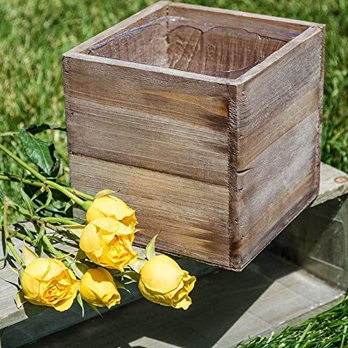 Wood Planter Box, 5 Inch Square, Rustic Barn Wood, Plastic Liner, Garden Centerpiece Display, Wedding Flowers Holder, Home and Venue Decor, (Set of 4)