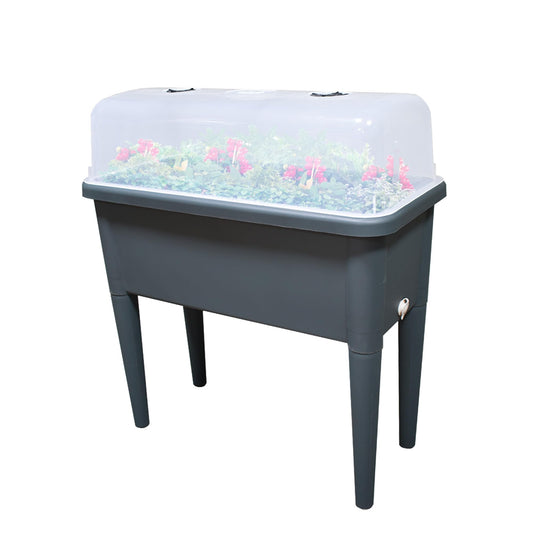 FENCETECH 20.8 Gallon Vinyl Plant Box with Legs and Greenhouse Cover, 30" x 25.6" x 15" Self Watering Raised Garden Bed with Drainage Plug , Grey