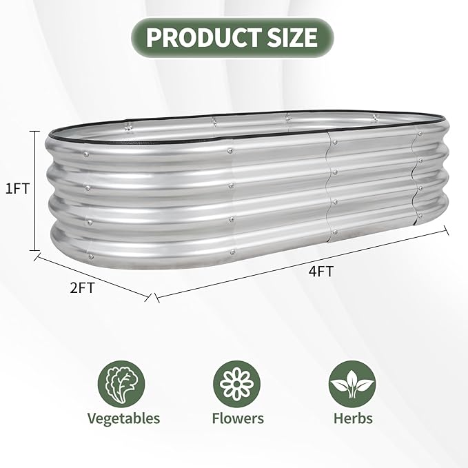 1MORE Galvanized Raised Garden Bed- Planter Garden Boxes Outdoor, Raised Beds for Gardening, 4x2x1ft Metal Garden Bed Kit for Vegetables Flower, Planter Raised Bed with Protective Tape & Tools.Silver