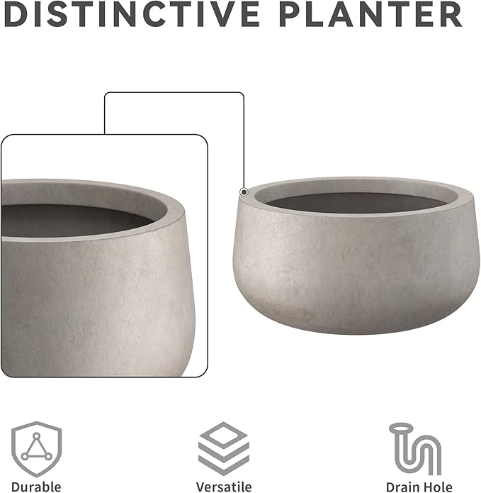 Kante 15.7" Dia Round Concrete Planter, Outdoor Indoor Garden Plant Pots with Drainage Hole and Rubber Plug, Modern Curvaceous Design, Weathered Concrete