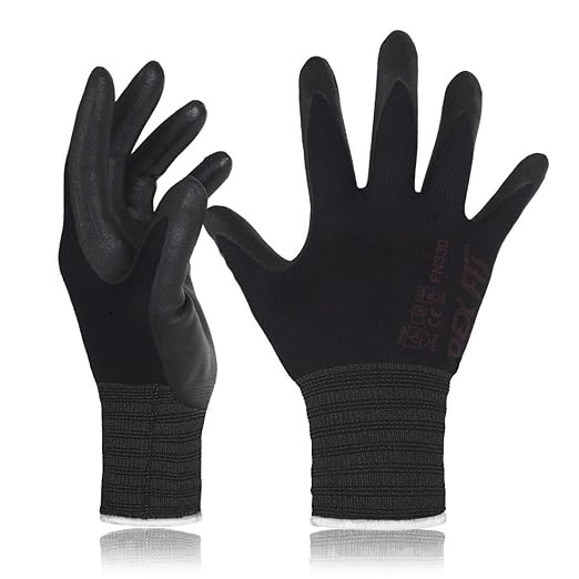 DEX FIT Nitrile Work Gloves FN330, 1 Pair, 3D-Comfort Stretchy Fit, Firm Grip, Thin & Lightweight, Touch-Screen Compatible, Durable, Breathable & Cool, Machine Washable; Black S (7)