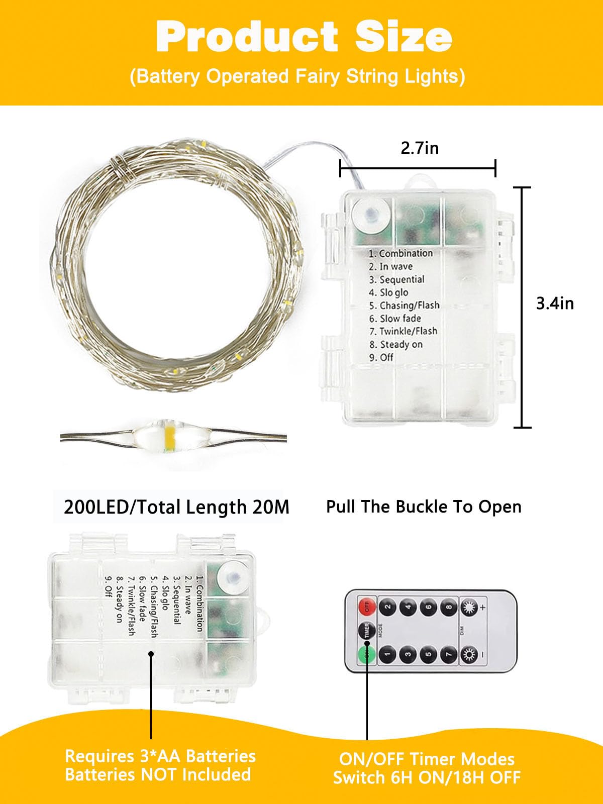2 Pack 200 LED Fairy Lights Battery Operated with Remote, 66 FT Warm White