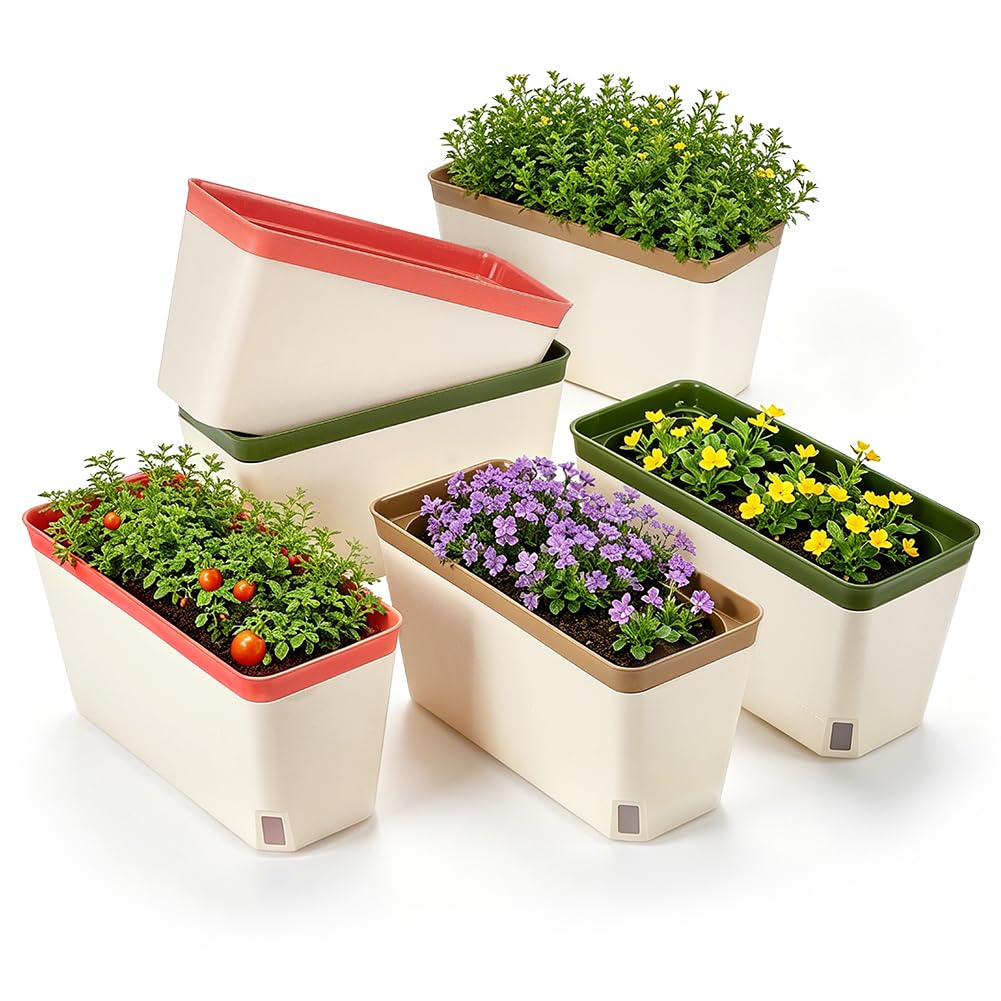 PH PandaHall 6 Sets Window Herb Planter Box Self Watering Plant Pots, 10.6 Inch Rectangular Flower Pots with Water Level Indicator for Windowsill Patio Garden Flowers Seedlings