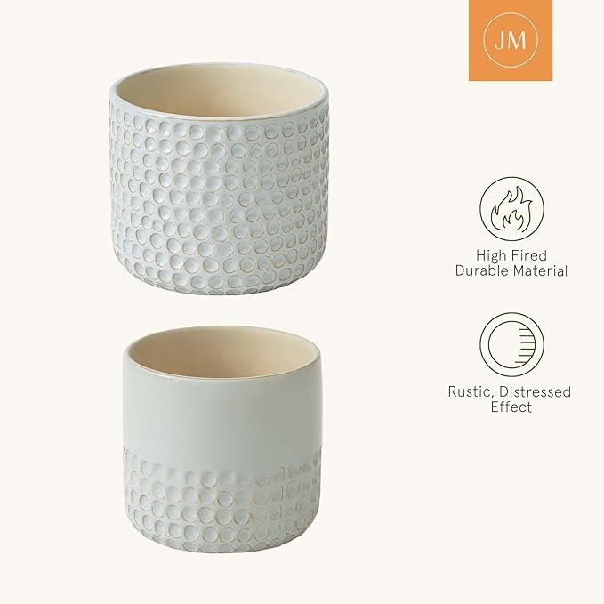 La Jolie Muse Ceramic Planter - 6.7+5.5 Inch Concave Dot Patterned Cylinder Flower Pot W/ Drain Hole for Indoor, Set of 2, Glacier Gray