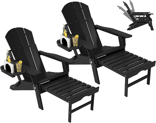 Adjustable Adirondack Chair with Retractable Ottoman Set of 2, HDPE Folding Adirondack Chair with Cup Holder, All Weather Fire Pit Chair for Outdoor.
