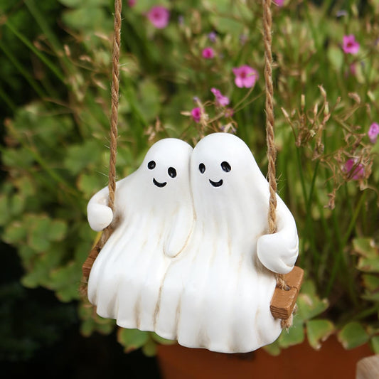 JARPSIRY Swing Ghost Couple Garden Statue Outdoor Halloween Decor, 3.1 Inch Cute Ghost Figurine Resin Sculpture Funny Tree Hanging Ornaments for Patio Lawn Yard