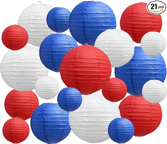 BEISHIDA 21 Pcs Red Blue White Round Paper Lanterns Decorative Hanging Asia Chinese Japanese Paper Lanterns Lamp for Birthday Wedding Baby Bridal Shower Home Decor Party Decoration