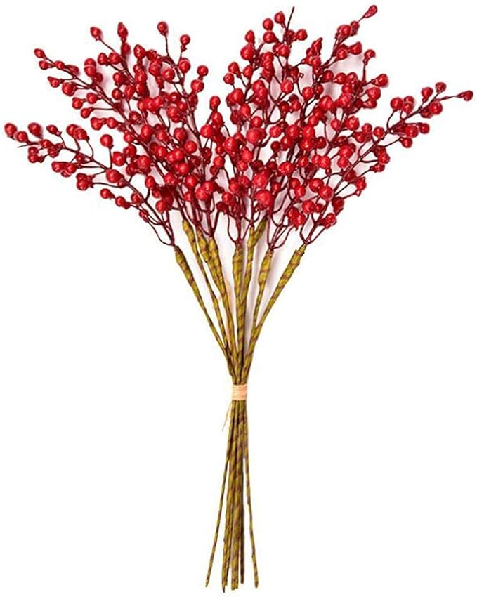 GREENTIME 16 Pack Artificial Red Berry Stems Holly for Christmas Tree Decorations for New Year's Eve Decor, Holiday and Home Crafts for Fall Thanksgiving Day