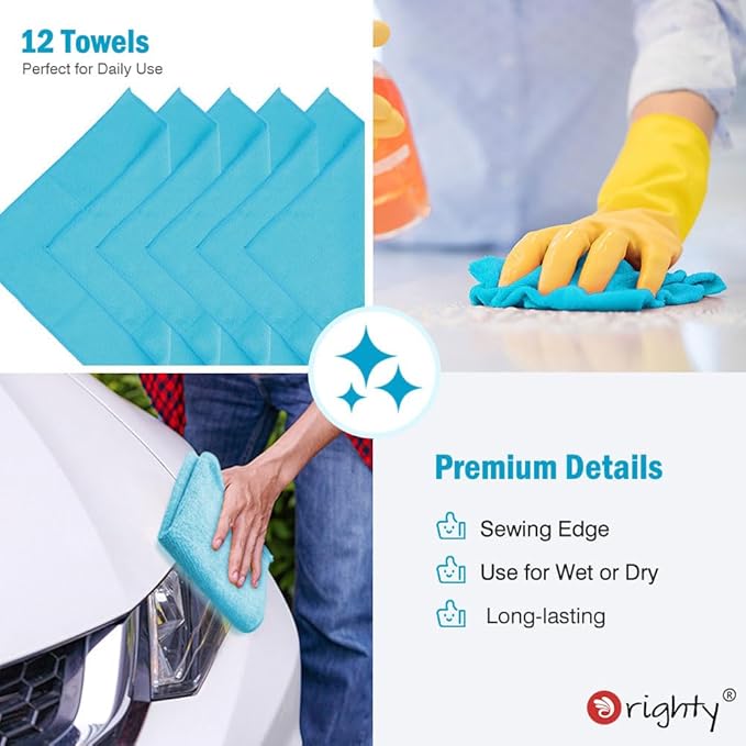 Orighty Microfiber Cleaning Cloth, 12 Pack Microfiber Towels for Cars, Highly Absorbent Car Cleaning Supplies, Lint Free Cloths Clean Rags for Car Care, House, Kitchen, 12x12 inch, Blue