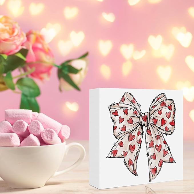 Valentines Day Decorations, Valentines Day Gifts for Her Him, Gift for Boyfriend Girlfriend, Romantic Coquette Heart Bow Anniversary Wooden Box Sign Husband Wife Home Office Bedroom Desk Decor