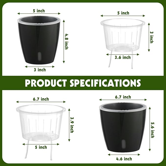 KvyusFlourish Self Watering Pots for Indoor Plants, 6-Pack 5'' Self Watering Planter with Drainage Holes, Small African Violet Pots with Water Indicator, Clear Wick Orchid Pot, Black