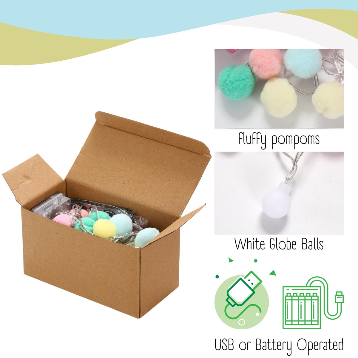 9.84FT Pom Poms Fairy Lights - 30 LED Battery & USB Operated String Lights with Warm White Globe Balls - Cute Indoor Decor for Bedroom Kids Room Playhouse Back to School Birthday Baby Shower - Pastel