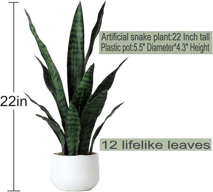 Beebel Artificial Snake Plant 22 Inch Fake Sansevieria Fake Agave Potted Plants Plastic Greenery for Home Garden Office Store Decoration 12 Leaves (Green)