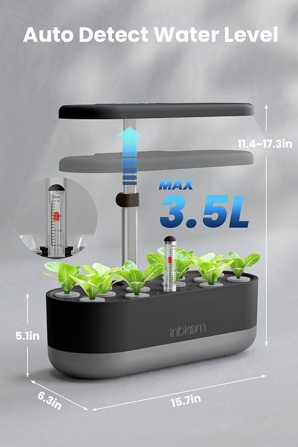 inbloom 12 Pods Hydroponics Growing System Kit, Herb Garden Planter Indoor Kit, Indoor Gardening Hydroponics Growing System with Pods, 4.2L Water Pump, Height Adjustable, Gifts for Woman, Black