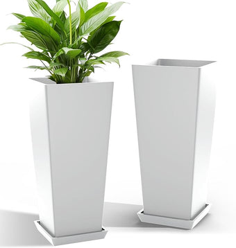 TUYOHW 24 Inch Tall Tapered Square Planters (Set of 2) - Indoor Outdoor Large Flower Pots with Built-in Drainage & Matching Water Tray for Patio, Garden, Home - White