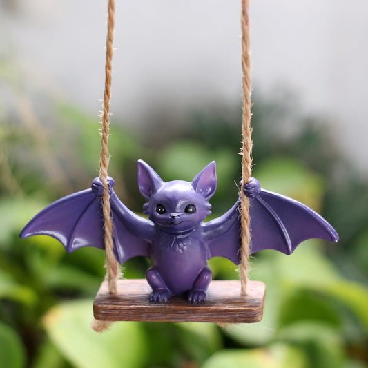 JARPSIRY Swing Bat Garden Statue Outdoor Halloween Decor, 4.53 Inch Cute Bat Figurine Resin Sculpture Funny Tree Ornaments for Patio Lawn Yard