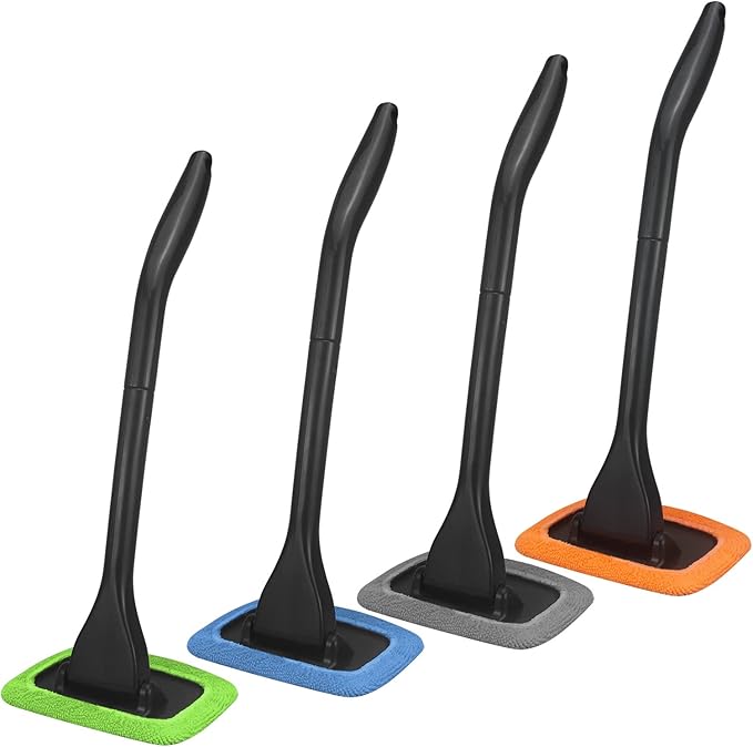 Car Windshield Cleaning Tool, Windshield Cleaner with 4 Washable and Reusable Microfiber Pads and Extendable Handle, for Auto Glass Wiper