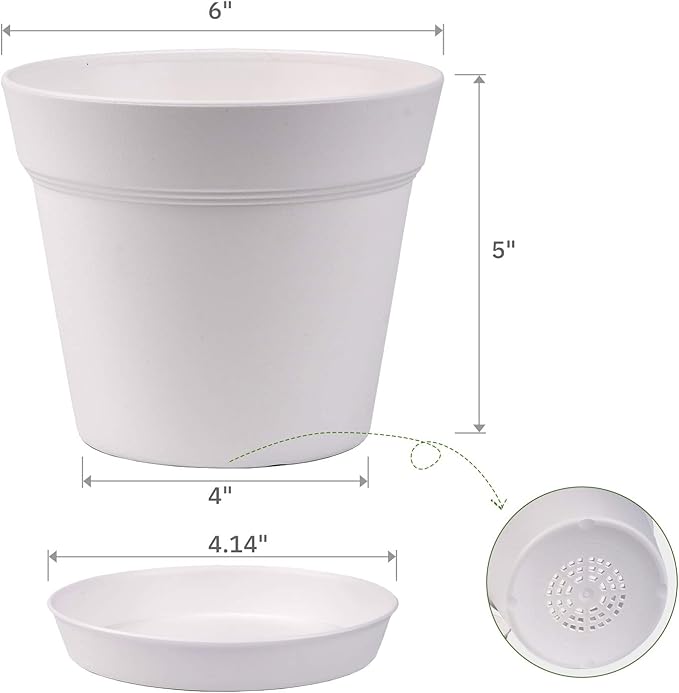 homenote Pots for Plants, 15 Pack 6 Inch Plastic Planters with Multiple Drainage Holes and Trays,Plant Pots for All Home Garden Flowers Succulents (White)