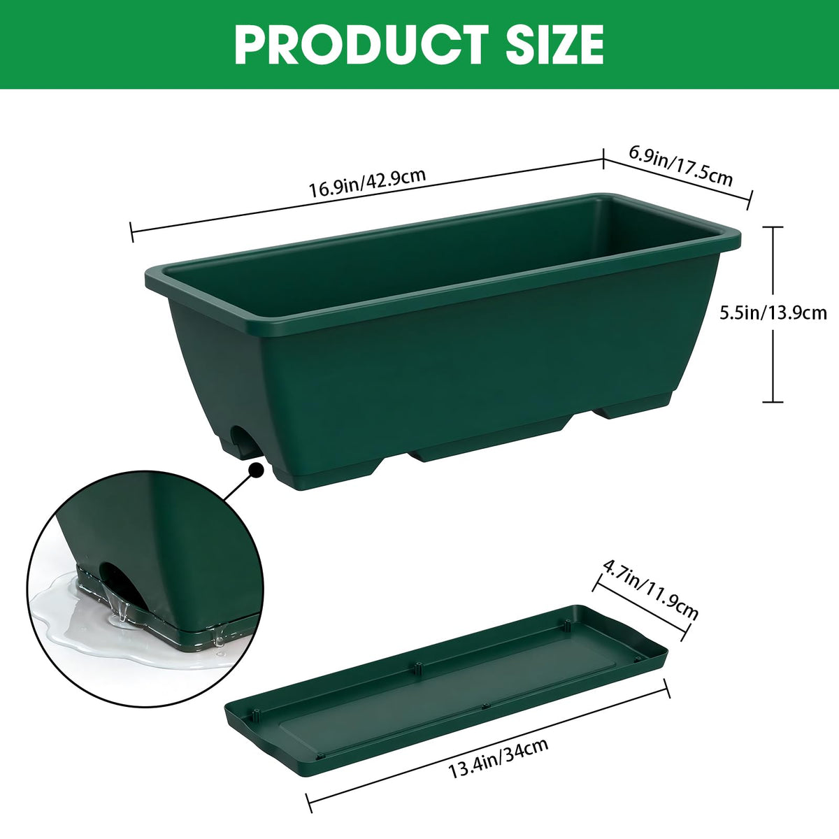 4 Pcs Hanging Flower Pots, 16.9 Inches Railing Planter Box, Green