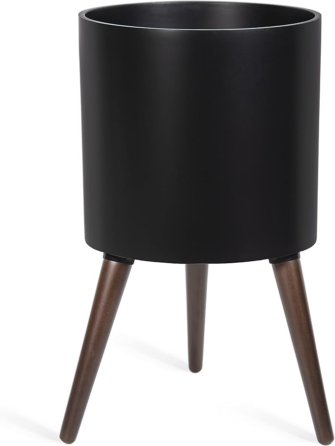D'vine Dev 12 Inch Planter Pot with Stand, Mid-Century Tall Plant Pot with Legs for Indoor Plants, Large, Black, 88-O-C-2