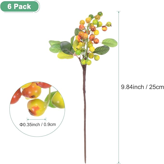 6-Pack Artificial Berry, 9.8 Inch Faux Holly Berry Foam Faux Frosted Berries with Stems for Home/Wedding/Christmas/DIY/Party/Garden/Office [Yellow]