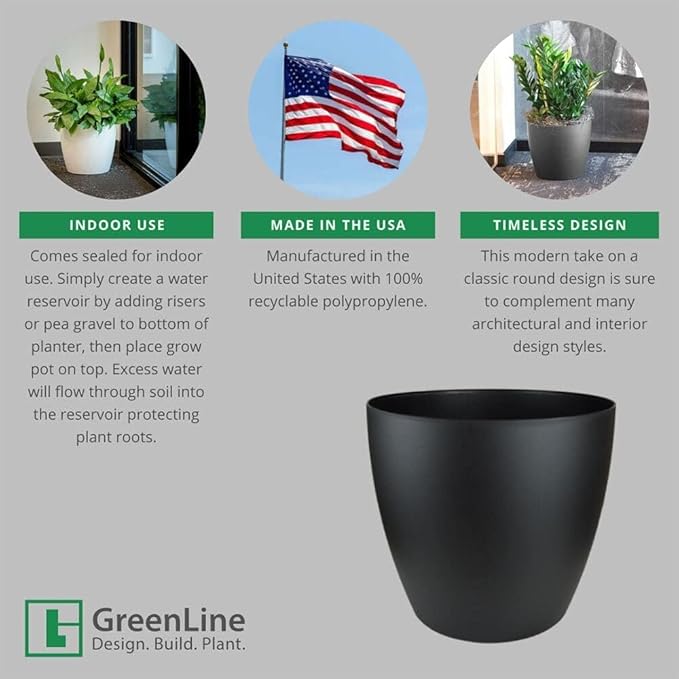 Greenline Manufacturing Memphis 13" Round Indoor Floor Planter Pot – Lightweight & Durable Plastic, Modern Design, Made in USA, Recyclable Large Plant Container for Home & Office Décor (Silver)