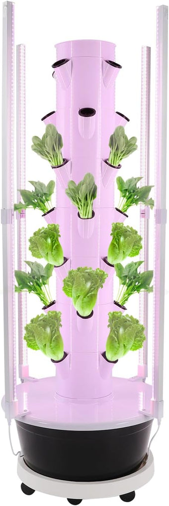 Hydroponic Growing System, 28-Plant Vegetable Planter Tower with LED Light, Outdoor Indoor Garden Vertical Planter Germination Kit with Water Pump, Intelligent Water Circulation & Timer Function