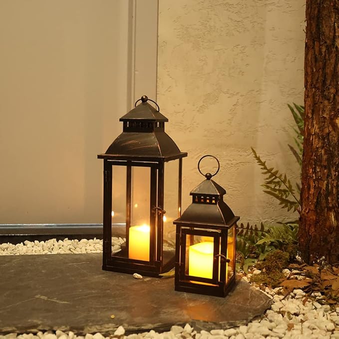 NEEDOMO Bronze Metal Lanterns Decorative Outdoor & Indoor, Set of 4 (17" & 10") with Glass, Candle Holder for Porch, Patio, Garden, Balcony, Wedding, Table Centerpiece Decorations