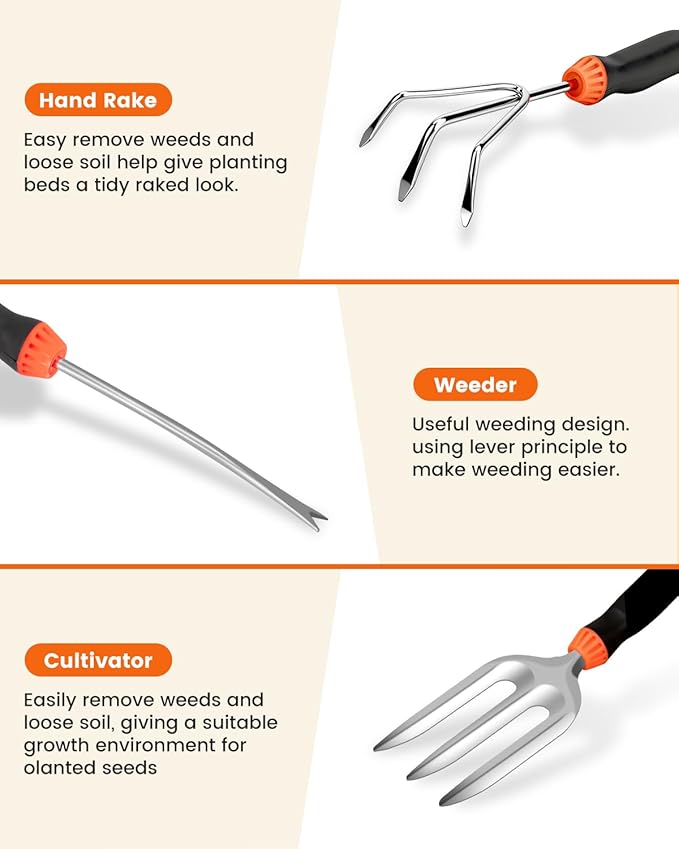 Garden Tool Set, 7 Piece Stainless Steel Heavy Duty Gardening Tool Set, with Non-Slip Rubber Grip, Storage Pocket, Ideal Garden Tool Kit Gift for Women/Parent (7-Piece Set)