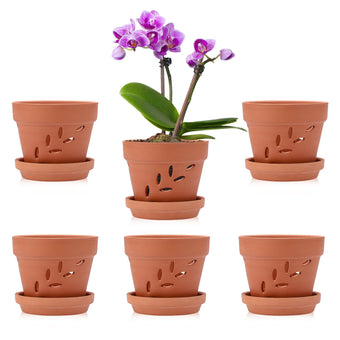 JUXYES 4" Hollowed Out Small Terracotta Orchid Pots with Holes and Saucer
